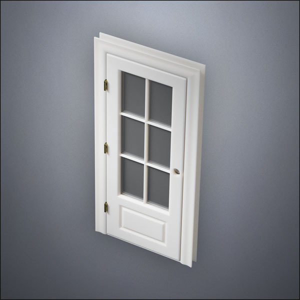 classic thick-frame 3/4 Six Pane Window Door with fancy-profile frame and brass hardware, shown closed in perspective view