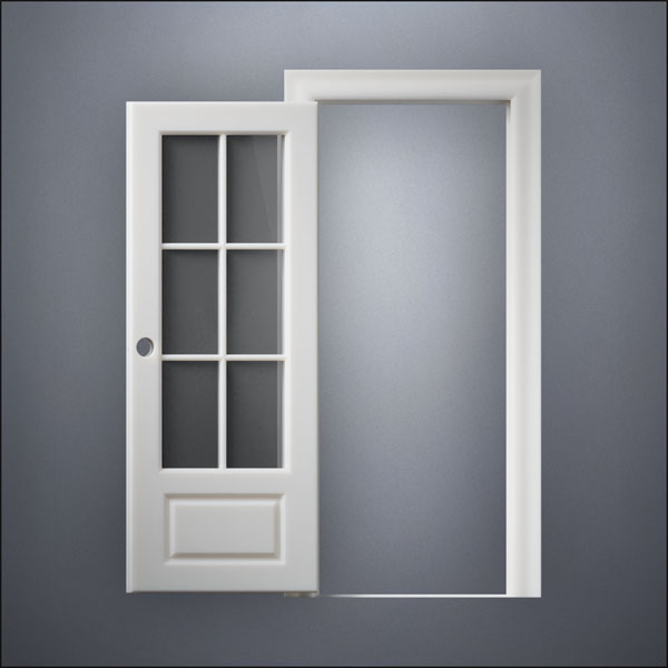 classic thick-frame 3/4 Six Pane Window Door with fancy-profile frame and brass hardware, shown open in front view