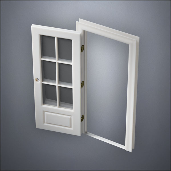 classic thick-frame 3/4 Six Pane Window Door with fancy-profile frame and brass hardware, shown open in perspective view