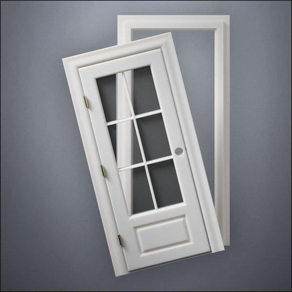 classic thick-frame 3/4 Six Pane Window Door with fancy-profile frame and brass hardware, shown split open in front view
