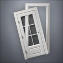 classic thick-frame 3/4 Six Pane Window Door with fancy-profile frame and brass hardware, shown split open in front view