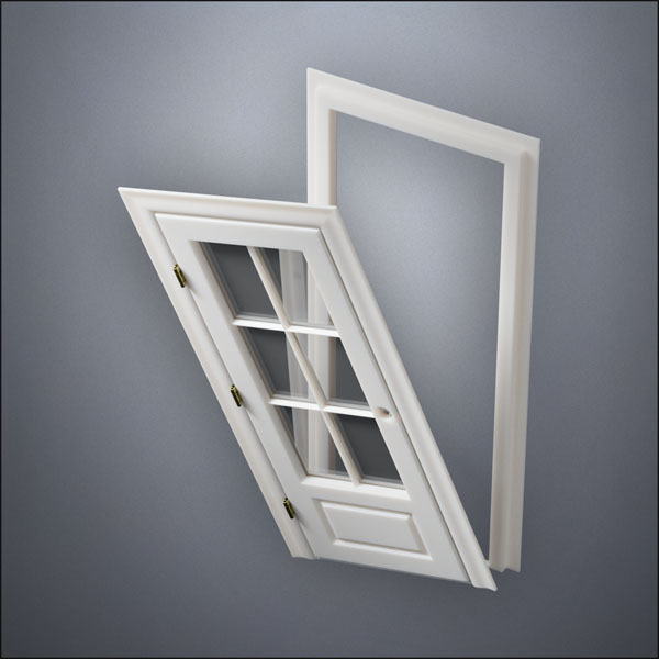 classic thick-frame 3/4 Six Pane Window Door with fancy-profile frame and brass hardware, shown split open in perspective view