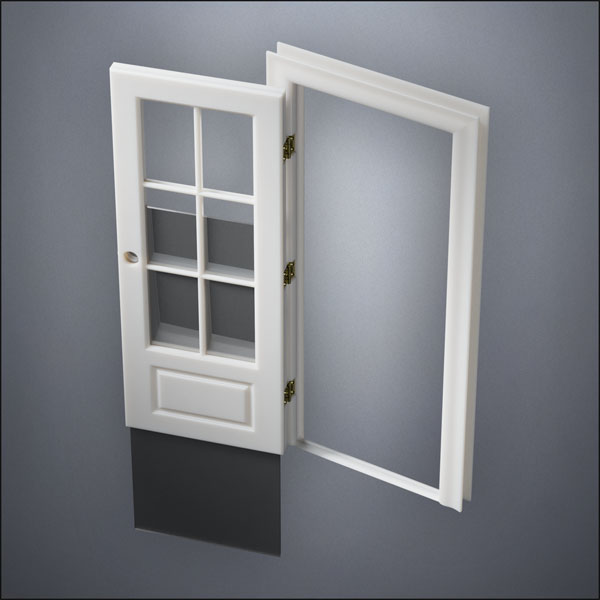 classic thick-frame 3/4 Six Pane Window Door with fancy-profile frame and brass hardware, shown open with the removable pane separated in perspective view