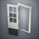 classic thick-frame 3/4 Six Pane Window Door with fancy-profile frame and brass hardware, shown open with the removable pane separated in perspective view