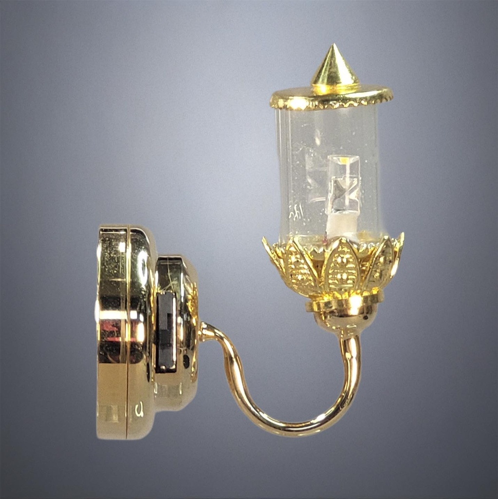 Brass Wall Lamp with Glass Cylinder and Pointed Top - Battery Operated LED