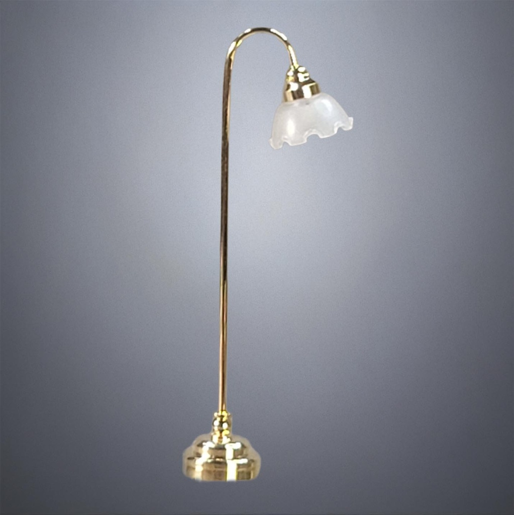 Brass Standing Floor Lamp with Flower Frosted Glass Shade - Battery Operated LED
