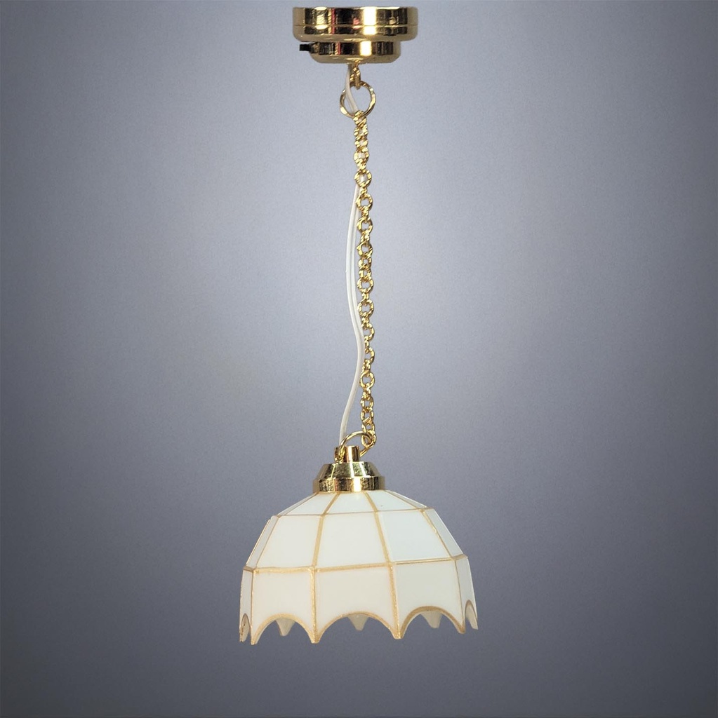 Brass Hanging Lamp with Gold and White Scalloped Shade - Battery Operated LED