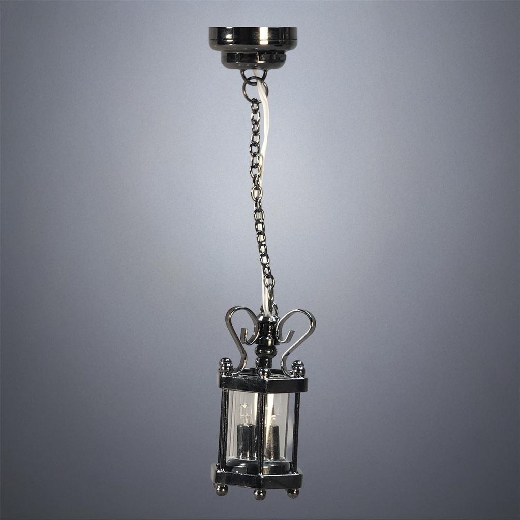 Hanging Hexagon Lantern in Gunmetal Gray with Glass - Battery Operated LED