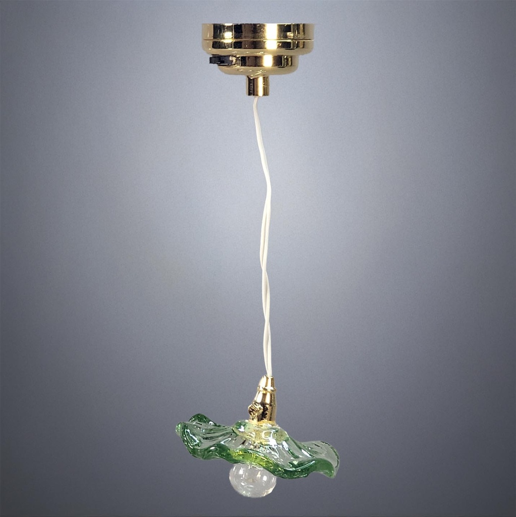 Hanging Ceiling Light with Green Glass Flower Shade - Battery Operated LED