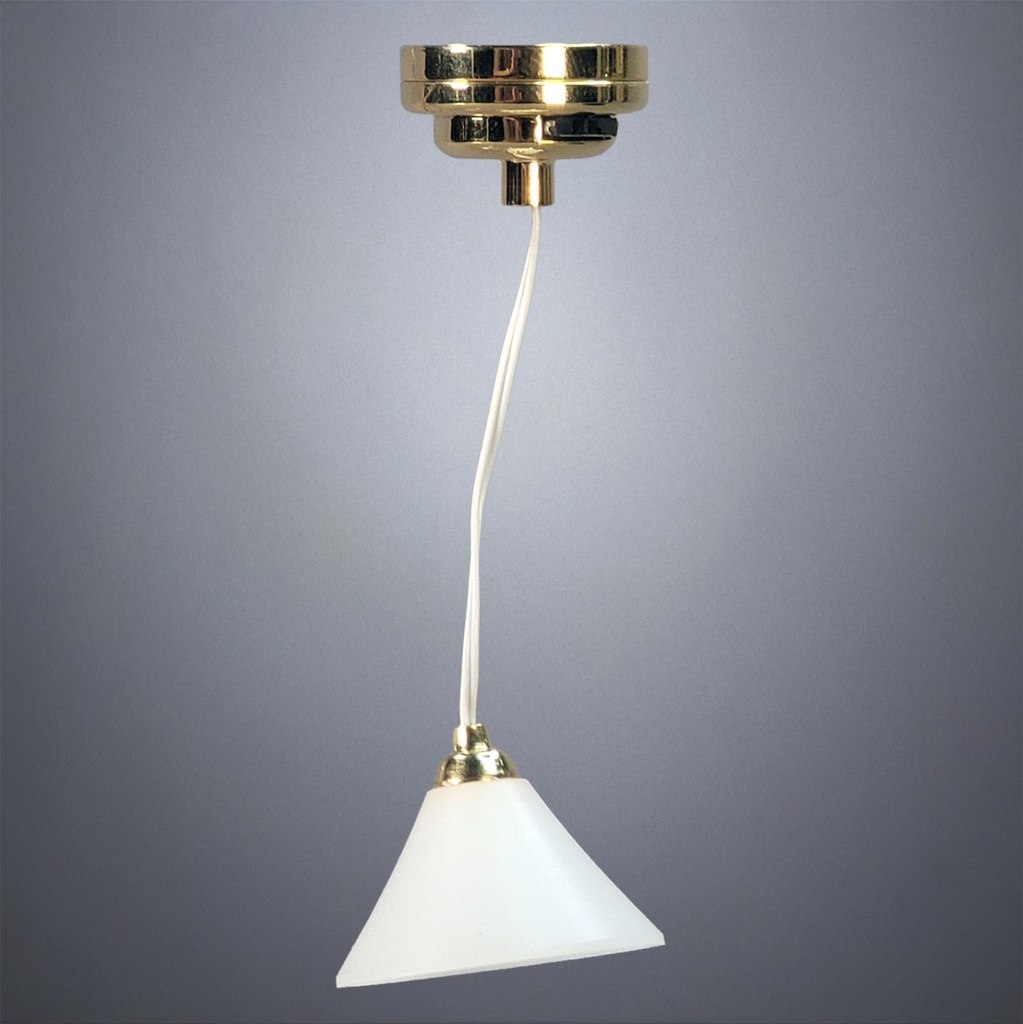 Brass Hanging Light with White Cone Shade on Cable - Battery Operated LED