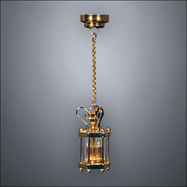 Hanging Hexagon Lantern in Brass with Glass - Battery Operated LED