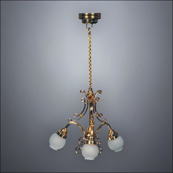 Brass Three-Shade Chandelier with Frosted Globes – Battery Operated LED
